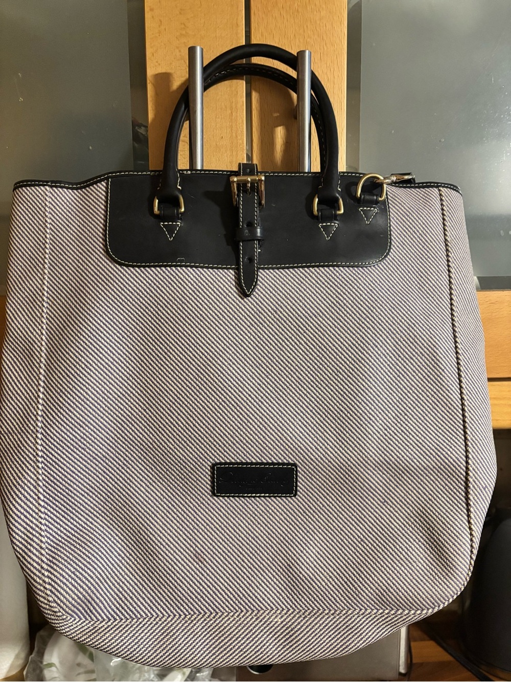 Women Dooney & Bourke Black & White Canvas Tote Bag with Leathere Trim